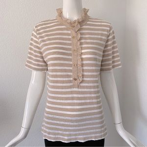 Tory Burch beige white tripe ruffle neck polo shirt